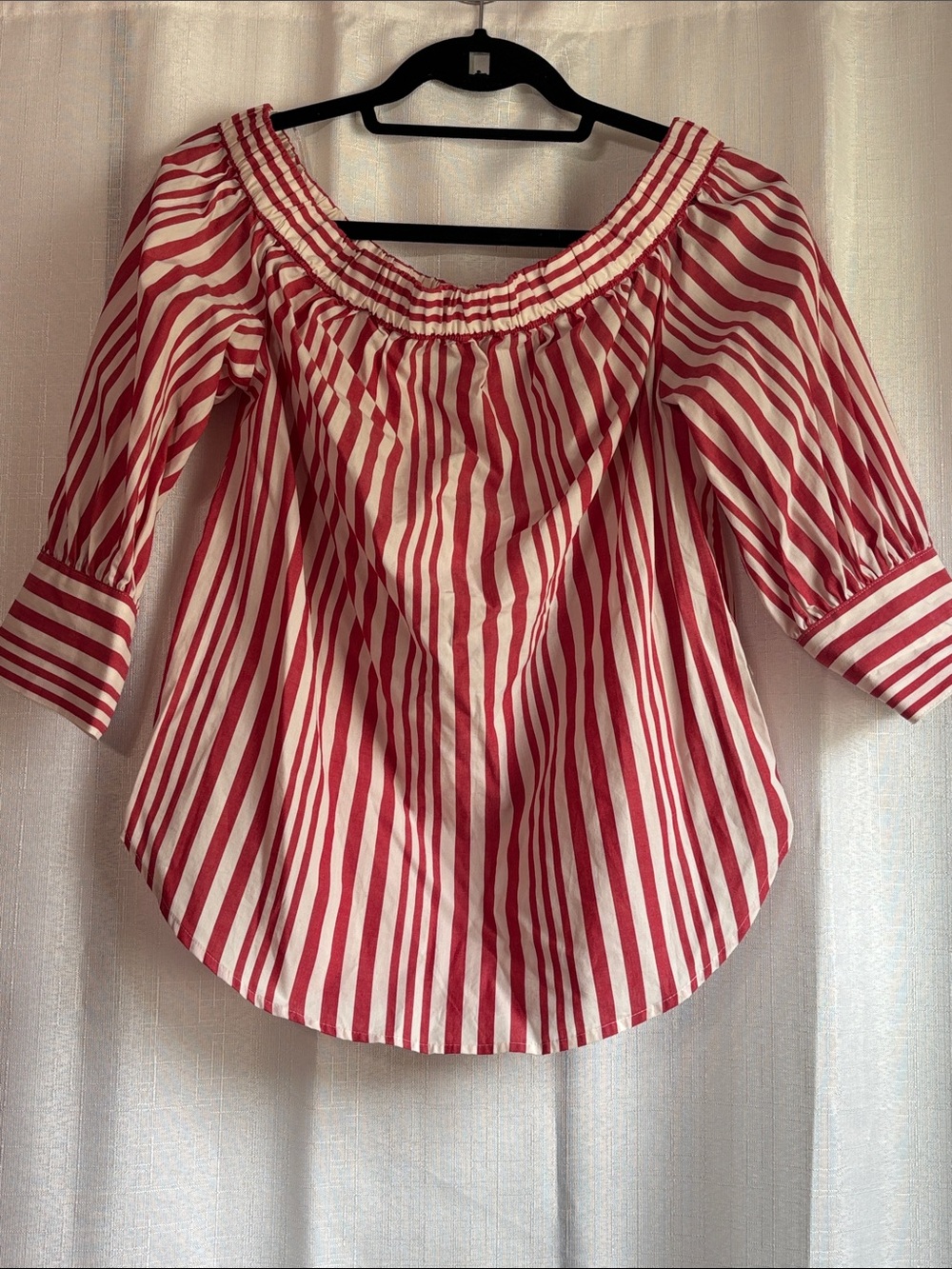 Who What Wear Red and White Striped Off-the-Shoulder Peasant Top with button sle